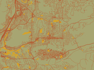 Poster-ready flat map of Poway, California, olive backdrop with warm rust street network and ochre blocks.