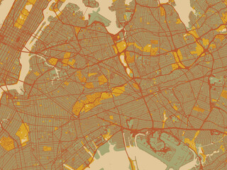 Contemporary flat map of Queens New, York rendered with muted sage base, rust-colored roads, and soft ochre highlights.