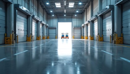 Bright warehouse with open door, wet concrete floor. Forklifts stand inside. Logistics center inside shows area for loading, unloading. Interior of storage with modern architecture. Clean premises
