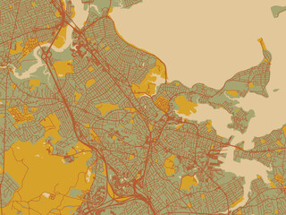 Modern flat map poster of Quincy, Massachusetts in olive backdrop with warm rust street network and ochre blocks.