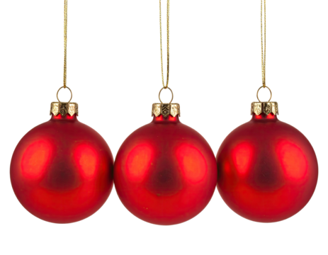Three glossy red Christmas ornaments hanging (1)