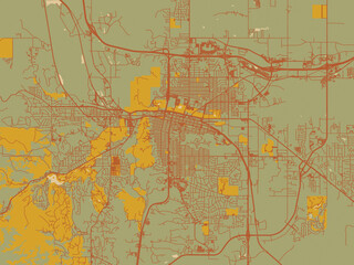 Abstract flat-design map of Rapid City South, Dakota, featuring earthy sage background with rust roadways and ochre details.
