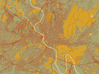 Minimalist flat city map of Reading, Pennsylvania with sage green ground with rust-red roads and ochre accents.