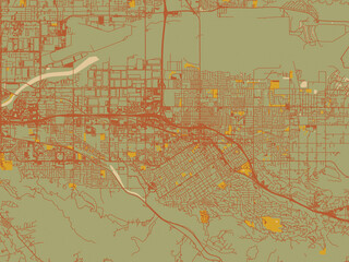 Fototapeta premium Minimalist flat city map of Redlands, California with sage/olive tone field with rust networks and ochre shapes, cream water.