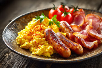 Hearty breakfast plate: scrambled eggs, sausages, bacon, and tomatoes on a rustic wooden table.