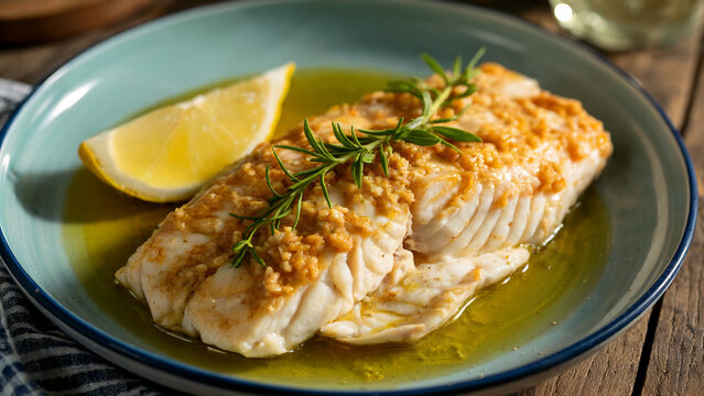 Dominican cuisine: Pescado con coco (Dominican style fish), based on white fish fillet, browned in olive oil.