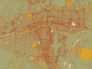 Flat painterly map of Reno, Nevada in muted sage base, rust-colored roads, and soft ochre highlights.