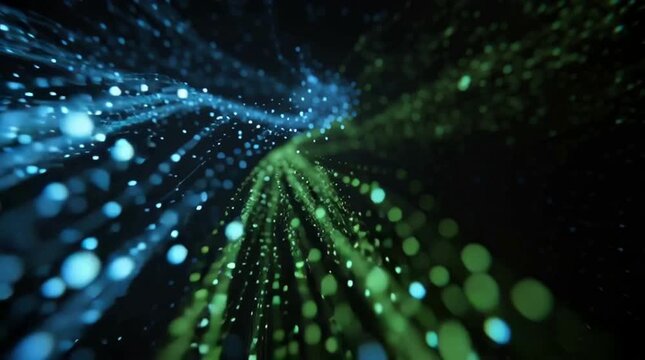 Two streams of glowing data particles, blue and green, merging into a single river, a metaphor for data fusion.