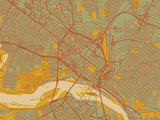 Stylized minimalist map of Richmond Center, Virginia in muted sage base, rust-colored roads, and soft ochre highlights.