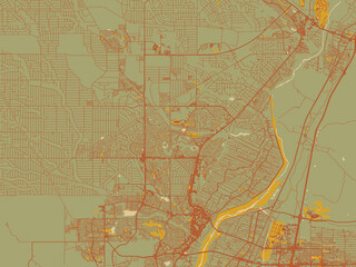 Abstract flat-design map of Rio Rancho New, Mexico, featuring muted sage base, rust-colored roads, and soft ochre highlights.