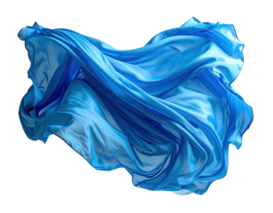 A vibrant blue fabric draped in a dynamic swirling form