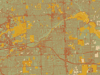 Fototapeta premium Stylized minimalist map of Rochester Hills, Michigan in muted sage base, rust-colored roads, and soft ochre highlights.