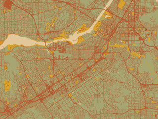 Obraz premium Vector-style flat map of Riverside, California with sage/olive tone field with rust networks and ochre shapes, cream water.