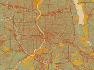 Decorative flat city map of Rochester New, York using earthy sage background with rust roadways and ochre details.