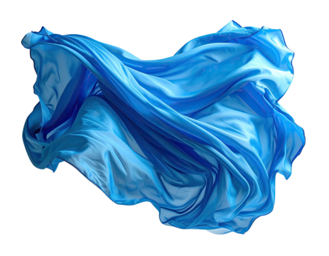 A vibrant blue fabric draped in a dynamic swirling form