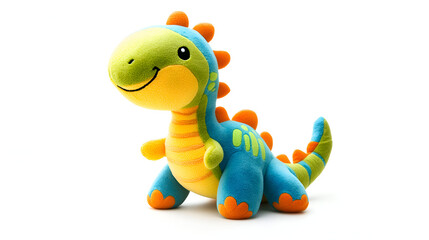 Dinosaur Plush Toy Cute Stuffed Animal Friend Green Blue Yellow Orange Scales Striped Smiling Soft Lovely Dino for Kids Children Baby on White Background