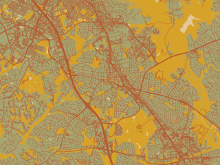 Modern flat map poster of Rockville, Maryland in earthy sage background with rust roadways and ochre details.