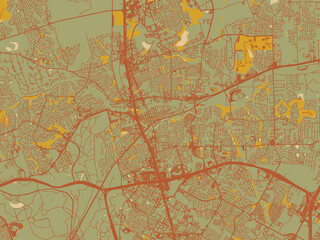 Fototapeta premium Vector-style flat map of Round Rock, Texas with earthy sage background with rust roadways and ochre details.
