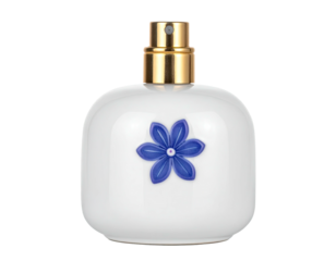 A white perfume bottle with a blue flower