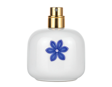 A white perfume bottle with a blue flower