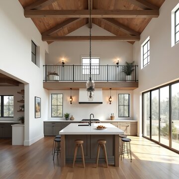 Spacious open plan kitchen and living area with high vaulted wooden ceiling beams. Modern island with stools, large windows overlooking forest. Minimalist interior design.