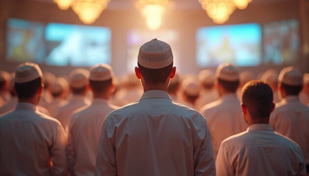 Men in kufi caps attend prayer meeting or lecture looking at big screens. Islamic community gathers for religious event with attentive audience focused on presentation indoors.