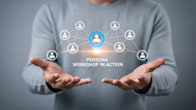 A hands holding a holographic human icons linked in network, digital marketing and target audience, target marketing, presenting digital user selection