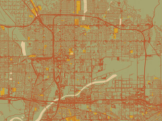 Abstract flat-design map of San Bernardino, California, featuring earthy sage background with rust roadways and ochre details.