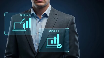 A businessman with floating option charts for strategy and analysis, digital marketing and target audience, target marketing, business decision making hologram - Powered by Adobe