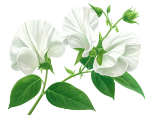 Two delicate white flowers with green leaves on a stem