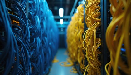 Rows of servers with numerous blue and yellow cables create a complex network system. Wires are bundled and arranged, suggesting data flow and connectivity in a tech environment.
