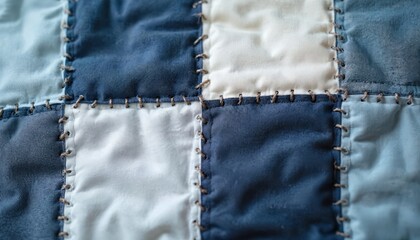 Naklejka premium Close up view of handmade patchwork quilt. Fabric squares in shades of blue, white stitched together. Rustic thread creates cozy, textured pattern. Textile art shows craft, design. Feels warm, homey.