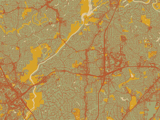 Modern flat map poster of Sandy Springs, Georgia in muted sage base, rust-colored roads, and soft ochre highlights.
