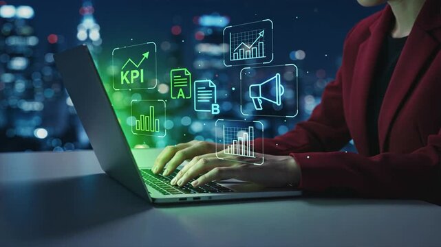 A businesswoman using a laptop with glowing ads, analytics, and test icons, digital marketing and target audience, target marketing, analytics and a/b testing interface