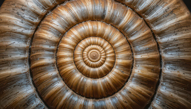 Detailed closeup of a snail shell showing the spiral pattern and texture