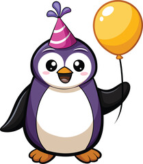 Cartoon Penguin with Balloon and Party Hat – Celebration Vector