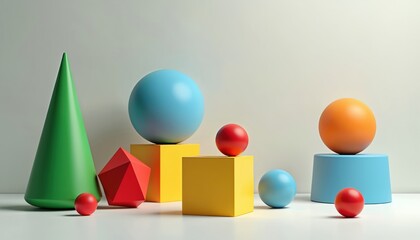 Group of colorful 3D geometric solids arranged on a white surface. Includes cones spheres and cubes in red blue orange and green. Simple shapes form abstract composition.
