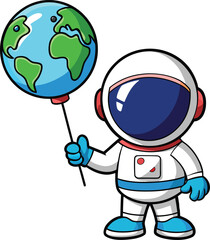 Fototapeta premium Cartoon Astronaut Holding Earth Balloon – Space Fun Vector