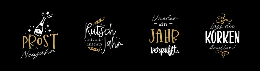 Hand written New Years sayings in German language like "Happy New Year", great for banners, wallpapers, cards, invitation - vector design
