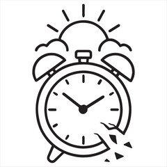 Alarm clock with rising sun and clouds symbolizing early morning wake up call