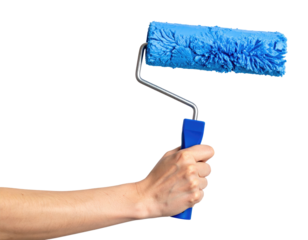 A hand holds a blue paint roller