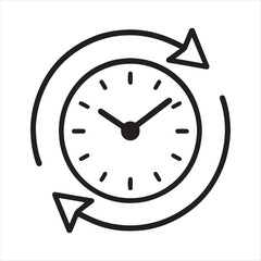 Circular arrows surrounding a simple clock face representing the concept of time and its continuous flow