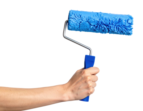 A hand holds a blue paint roller