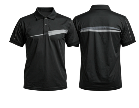 Front and back view of a dark gray polo shirt with a light gray stripe design