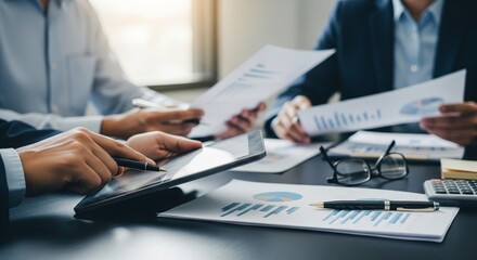 Fototapeta premium Business Team Using Tablet with Financial Charts — Corporate Meeting