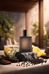 A perfume bottle with a smoky dark amber frosted glass and matte black cap.