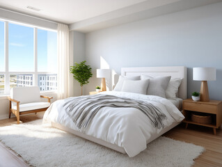 Fototapeta premium Modern bedroom design with large windows and city view