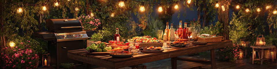 An outdoor grilling scene in a garden