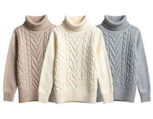 Three turtleneck cable knit sweaters displayed