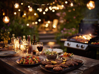An outdoor grilling scene in a garden